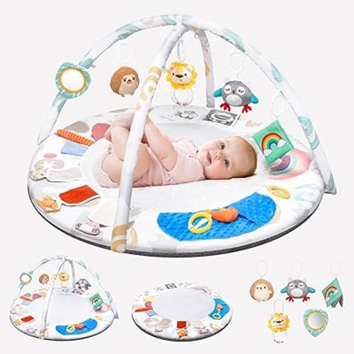 Montessori Baby Play Gym & Activity Mat for Brain Development (0-12Mo) | 5-Sensory Zones + 5 Toys |Portability Tummy Time Activity Mat Stage-Based for Newborn Brain Development Essential & Gift-Ready