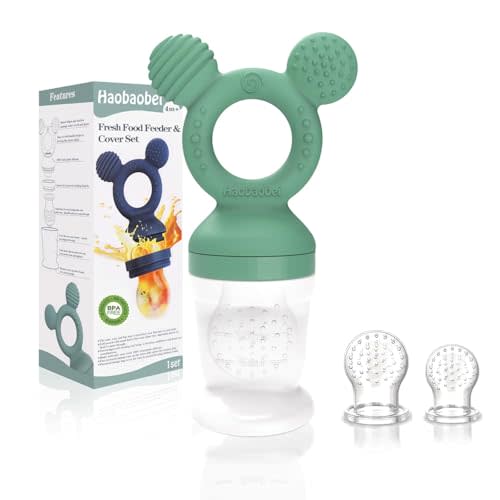 HAOBAOBEI Baby Fruit Feeder, Frozen Teething Toys, Teether Pacifier with 3 Extra Teats, Infant Eating Essentials, BPA Free Baby Feeding Supplies (Grass Green)