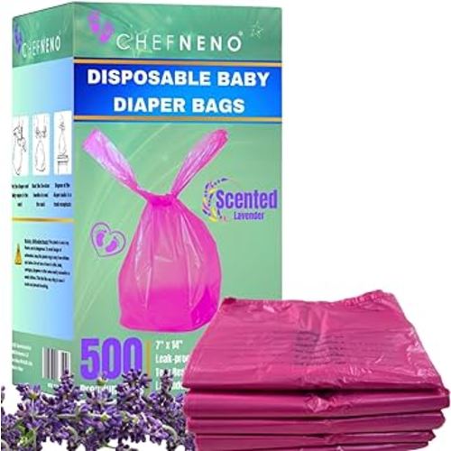 Baby Diaper Bag Disposable (500 Count, Pink) Fresh Lavender Scented Easy Tie Handles Scented Bulk Diaper Sacks Disposable Dog Poop Bags Cat Litter Clump & Poop Bags Sanitary Pads Disposal (500 Bags)