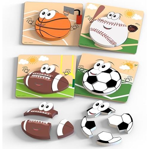 Wooden Sports Puzzles for Toddlers 2-4 | Wood Puzzles for Kids, Toddler Sports Toys for Toddlers, Basketball Toy, Football Toys, Baseball Toy, Soccer Toddler 2 3 Year Old Boy