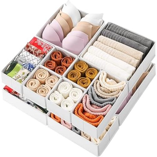 Stero 12 Pack Drawer Organizers for Clothing, Dresser Drawer Organizer Clothes, Fabric Foldable Closet Organizers and Storage Basket Bins for Clothes, Underwear, Bras, Socks (White)