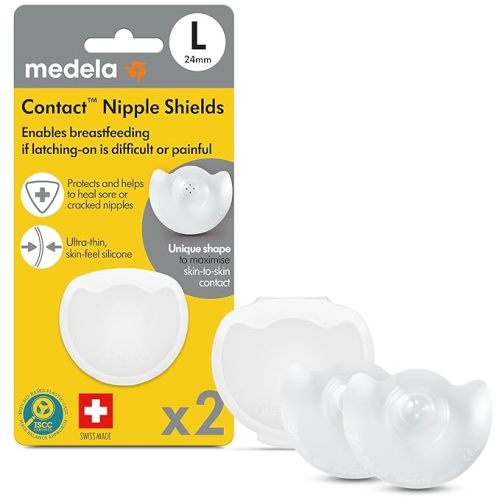 Medela Contact Nipple Shield for Breastfeeding, 24mm Medium Nippleshield, For Latch Difficulties or Flat or Inverted Nipples, 2 Count with Carrying Case, Made Without BPA