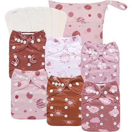babygoal Cloth Diapers Pack of 13, Baby Reusable Washable Pocket Nappy, 6pcs Diapers+6pcs Rayon from Bamboo Inserts+Wet Bag,6FG53-MB-B