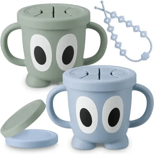 Silicone Snack Cups Food Containers for Toddlers and Babies, Spill Proof Training Cup with Snack Cup Lid & Dust Proof Lid, Without BPA, Lead, or Phthalates (Ether & Sage)