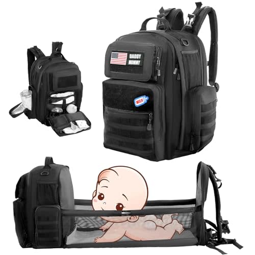 MABOZOO Diaper Bag Backpack for Dad with Changing Station, Expandable Black Military Diaper Bag Backpack with Waterproof Changing Pad,Large Tactical Mens Baby Bag,Unisex Molle Style Baby Backpack Bag