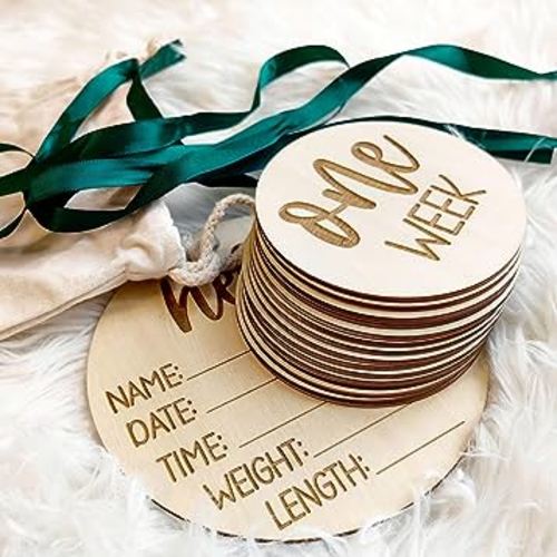 Wooden Milestone Cards and Discs 16pc Set for Baby Photos and First Year Milestones - New Parents and Baby Showers with "Hello World" Sign and Monthly Cards from 1-12 Months.