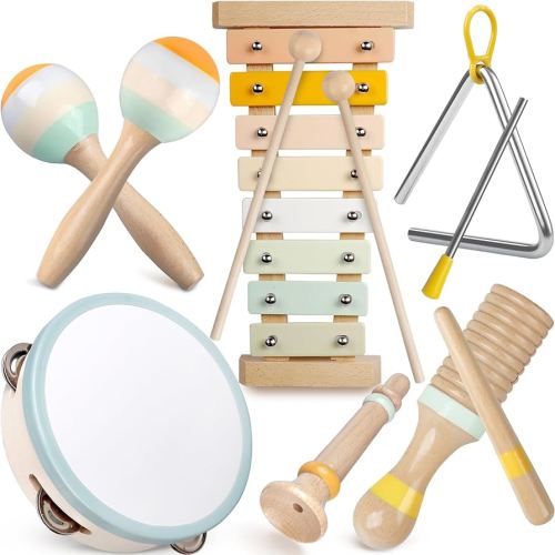 Baby Musical Instruments - Neutral Colors Musical Toys for Toddlers 1-3, Montessori Wooden Percussion Instruments Set with Modern Boho Xylophone Tambourine, Kids Preschool Educational Birthday Gifts