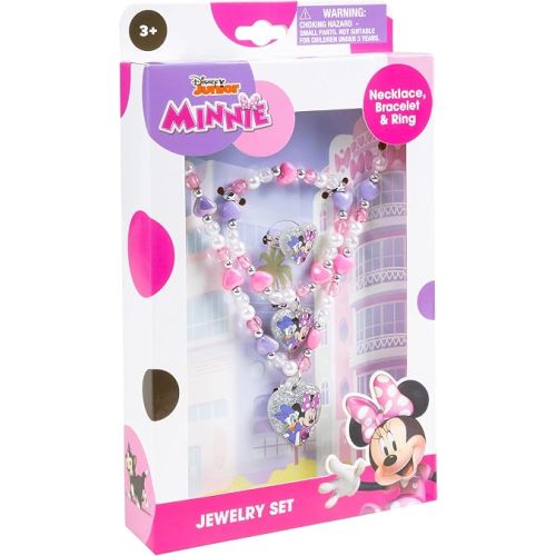 LUV HER Disney Minnie Girls Jewelry Set - Dress up Toy Jewelry Box Sets with Bead Necklace, Bead Bracelet and Ring - Play Accessories - Ages 3+