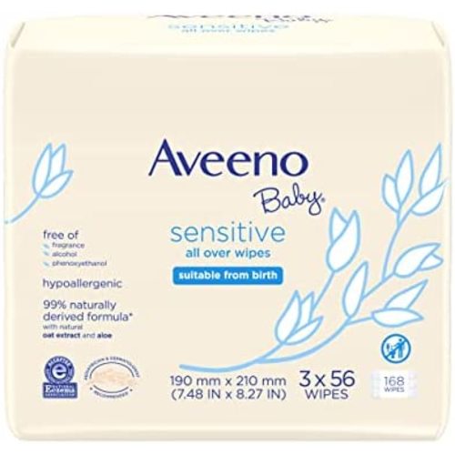 Aveeno Baby Sensitive All Over Wipes with Aloe & Natural Oat Extract for Face, Bottom & Hands, pH-Balanced, Hypoallergenic, Fragrance-, Phthalate-, Alcohol- & Paraben-Free, 3 Pks of 56 ct
