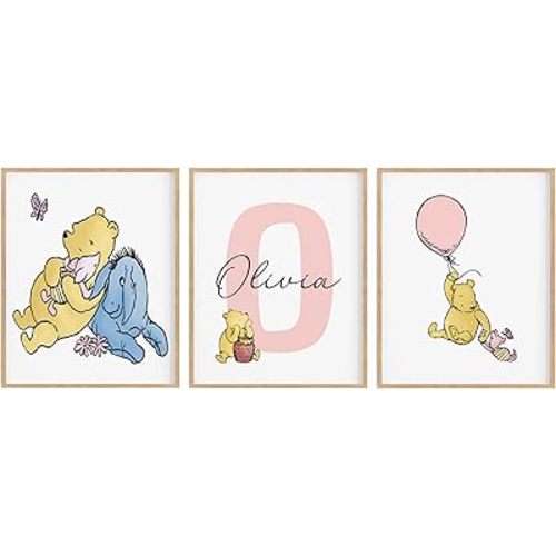 Prints Made Perfect Personalized Winnie Nursery Name Print Set, Classic A.A. Milne Wall Art, Custom Baby Name Wall Decor, Pooh Bear Boy Girl Toddler Room Artwork, Unframed (8x10, Set Of 3)