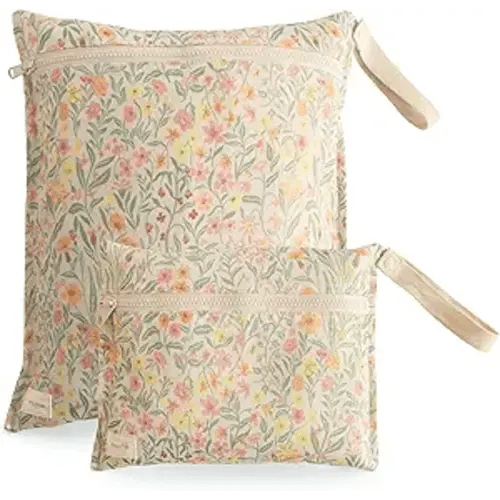 mushie Water Resistant Wet Bags | Large & Small Reusable Storage Bag for Baby Items and Travel | Zippered Pockets with Handle | Machine Washable, Set of 2 (Pastel Blooms)