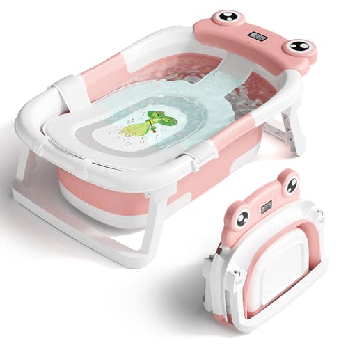 BUNWAG Baby Bathtub, Collapsible Newborn Bathtub for Infant to Toddler 0-24 Months with Soft Cushion and Thermometer,Portable Travel Newborn Tub with No-Slip Feet, Baby Shower Gifts,Pink