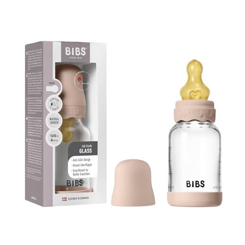 BIBS Boheme Baby Glass Bottle 4 oz /120 ml. Anti-Colic. Round Natural Rubber Latex Nipple. Supports Natural Breastfeeding - Blush