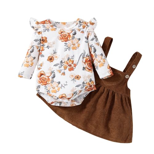 Koecnoc Newborn Baby Girl Fall Outfits Long Sleeve Floral Romper and Overall Suspender Skirt Sets Infant Girls Dress Clothes