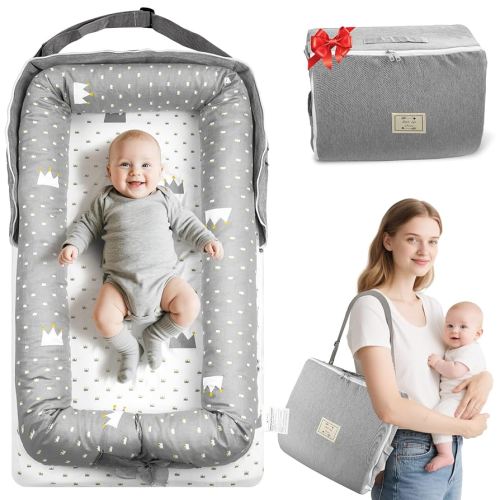 Baby Lounger Pillow for Newborn 0-24 Months, Baby Nest Breathable Cotton for Newborn, Babies Newborn Essentials Gifts, Breathable Portable Infant Lounnger for Travel and Home (Crown)