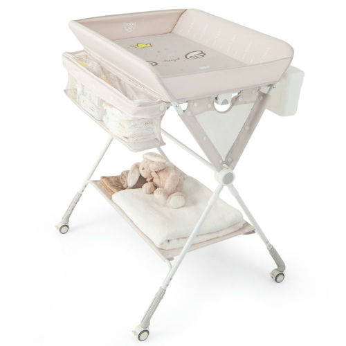 Kepooman Baby Changing Table,Infant Diaper Station Mobile Nursery Stand,Portable Baby Changing Table with 3-Level Adjustable Height-Beige