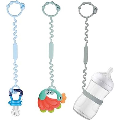 Toy Straps, Pacifier Holder Clip with Self-Adjusting Bayonet, Pure Silicone Material Without BPA; Can Be Used for Teethers, Feeding Bottles, Toys, Baby Cribs, High Chairs(Blue-3ps)