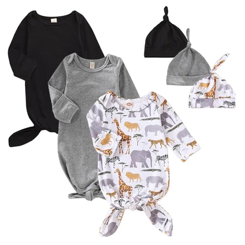 OPAWO Newborn Baby Knotted Gowns with Mitten Cuffs and Hat Baby Sleeper Gowns Coming Home Outfit for Baby Boy Girl 0-6 Months
