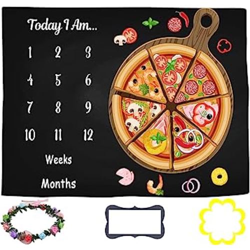 LYLYCTY Baby Monthly Milestone Blanket for 1 to 12 Months Baby, Pizza Black Background for Baby Pictures Personalized, Includes Wreath and Frame 60"x40" BTLSLY128