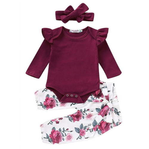 KidPika 3PCS Newborn Kid Baby Girl Clothes Shirt Romper Pants Headband Floral Outfit Set