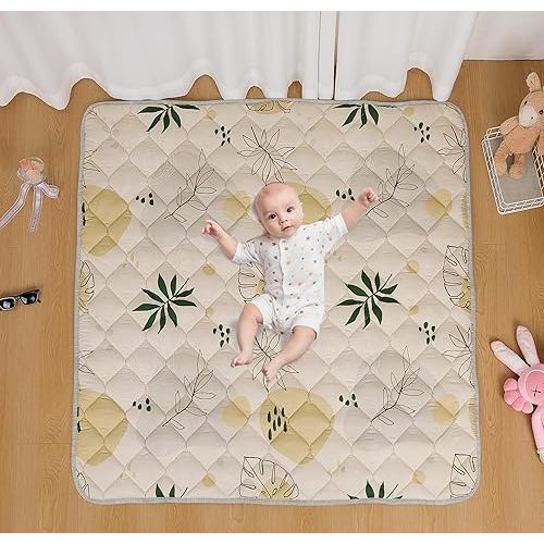 Baby Play Mat 50x50 Inch, Thickened Soft Floor Mat for Playpen, Machine Washable Foam Crawling Mat with Non-Slip Bottom for Babies and Toddlers, Foldable Padded Playmat Boho Terra