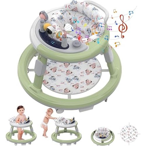 Baby Walker Foldable, Baby Walker with Wheels, Infant Toddler Walker with Foot Pads, Anti-Fall Baby Walkers and Activity Center for Boys Girls Babies 6-24 Months with Music Adjustable Heights (Green)