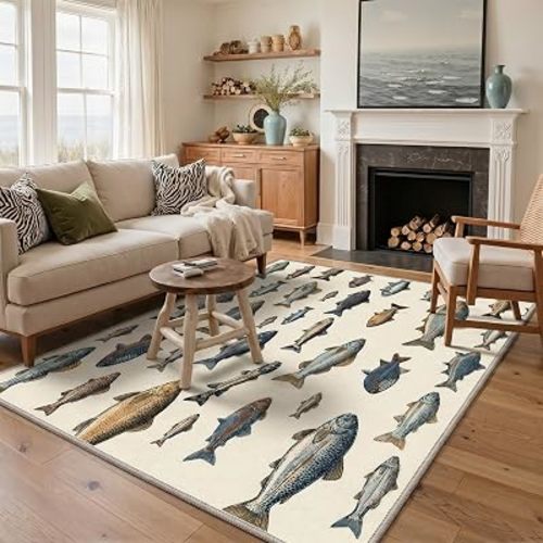 Bavni 5x7 Fishing Rug, Machine Washable Vintage Cabin Fishing Rug