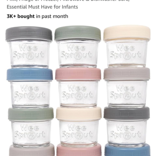 WeeSprout Glass Baby Food Storage Jars w/ Lids (4 oz, 12 Pack Set) Snack, Puree, Reusable Small Containers, Breast Milk, Fridge or Freezer, Microwave & Dishwasher Safe, Essential Must Have for Infants