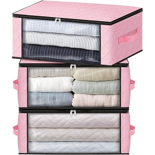HomeHacks Storage 3-Pack Clothes Organizer Storage Bags Foldable Storage Box with Large Clear Window Sturdy Handles for Closet, Dorm, Pillows, Bedding, Clothes, Blankets, 35L, Pink