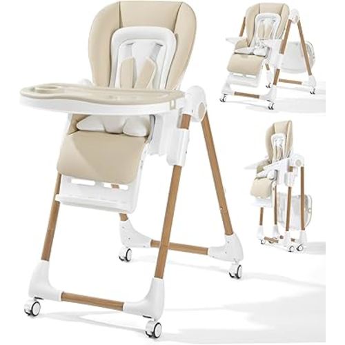 Mallify Foldable High Chairs for Babies and Toddlers, 3-in-1 Convertible Baby High Chair with Removable Soft Cushion and Tray, Adjustable Height & Recline, Lockable Wheels, Cream