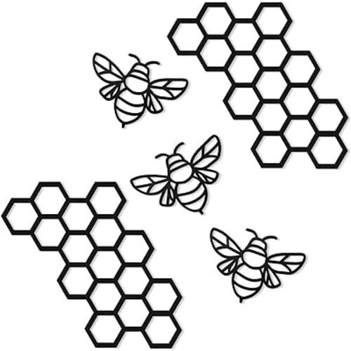 Peryiter 5 Pcs Metal Bee Wall Art Farmhouse Honey Bee Honey Comb Decor Wire Metal Bee Wall Metal Decor Bee Metal Wall Hanging for Living Room Garden Bedroom Office Home (Black)