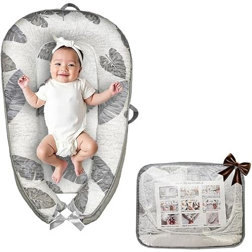 Baby Lounger for Newborn 0-24 Months – Soft & Breathable Infant Nest, Co-Sleeping Pillow, Adjustable Cotton Floor Seat, Newborn Essentials Gift (Grey White Leaves)