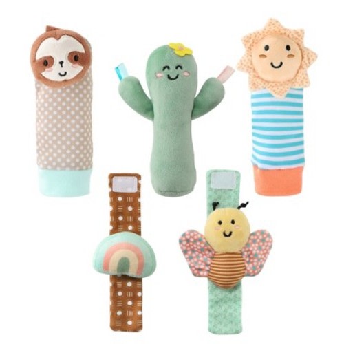 The Peanutshell Boho Baby Rattle Socks and Wrist Rattle Set, 5 Piece