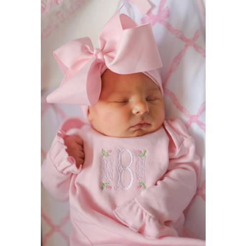 Embroidered Monogrammed Pink Ruffle Sleeve Gown / Baby Coming Home / Baby Girl Gift / Baby Gown / Pink Bodysuit