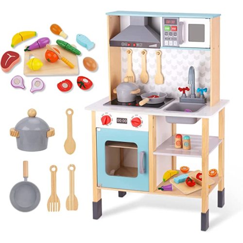 TOOKYLAND Kids Kitchen Playset, Play Kitchen Set for Kids with Real Light & Sounds, Cutting Play Food, Vegetables& Fruits, Kids Play Kitchen for Toddlers