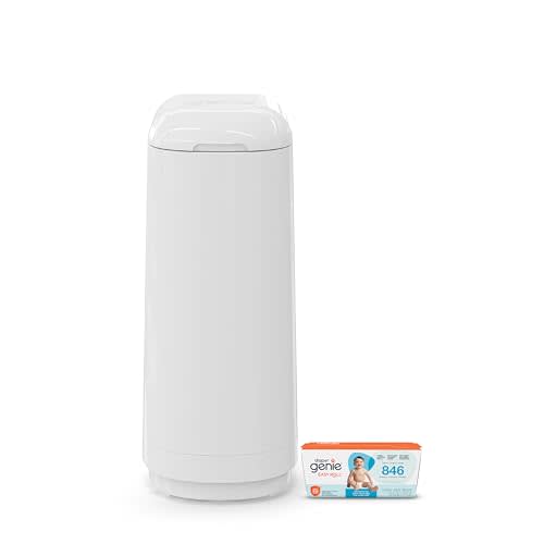 Diaper Genie Essence Diaper Pail with Easy Roll Refill (18 Bags) | One-handed diaper disposal includes an Easy Roll Refill with 18 tear-off bags holding up to 846 newborn diapers.