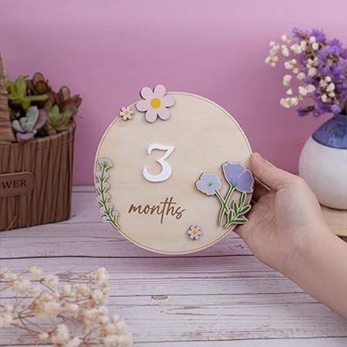 Baby Monthly Milestone Wooden Sign with Numbers and Stand – Natural Wood Milestone Board for Newborn Monthly Growth Photos – Cute 3D Flowers Photo Prop for Baby Milestone Memories (Flower)