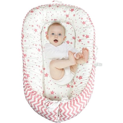 JIFTOK Baby Nests Lounger for Newborn, Snuggle Sleeping Bassinet for 0-24M, Breathable Portable Co Sleeping Bed, Baby Essentials Adjustable Infant Soft Cotton Loungers for Home & Travel -Pink Star