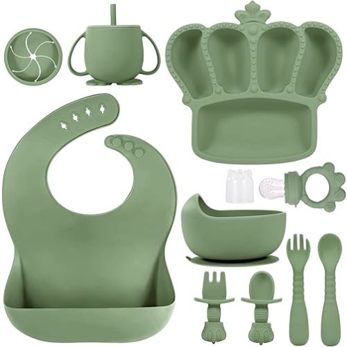 BXLL Olive Green 10 Pcs Baby Led Weaning Supplies - Silicone Baby Feeding Set with Suction Bowl, Divided Plate, Bibs, Fruit Feeder, Pacifier, Spoons, Forks, Sippy Cup & Snack Cup