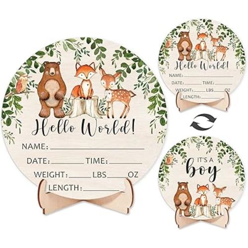 Double-Sided Wooden Newborn Birth Sign, Boy Woodland Baby Announcement Sign, Forest Animals Hello World Name Sign for Hospital, Gift for New Mom Baby Shower, Photography Prop