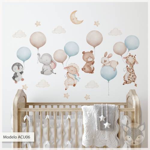 Baby Animals Wall Decal, Floating blue Balloons Nursery Sticker, Baby Room Pastel Wall Art, Cute Animal Vinyl Decal for Kids, nursery