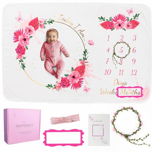 Spurtsmart Baby Girl Milestone Blanket, Baby Monthly Milestone Blanket Girl Floral, Personalized Blankets, Months Baby Milestone Girls, New Baby Gifts Sets, Month to Month-Growth, Newborn Essentials