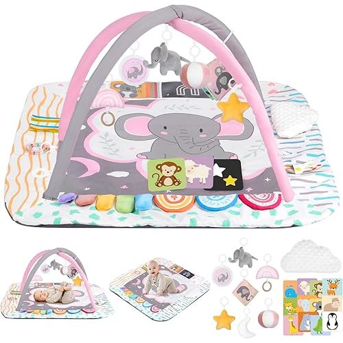 Baby Play Mat Activity Gym with Tummy Time Pillow, 6 Developmental Zones Tummy Time Mat, 6 Detachable Sensory Toys and Educational Cards, Essential Baby Shower Set, Pink Elephant