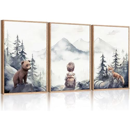 3Pcs Boy Adventure Nursery Wall Art Woodland Animals Bear & Fox Wall Decor Picture Watercolor Mountain Kids Canvas Posters Prints for Classroom Baby Room Decoration Unframed (12x16 Poster)