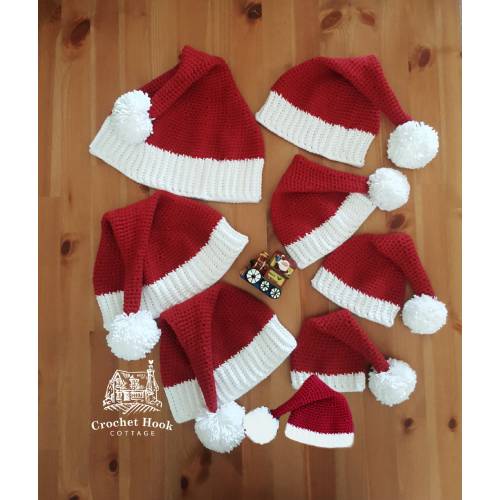 Santa Hat in eight different sizes, a Christmas Hat for every family member, crocheted using 100% cotton yarn