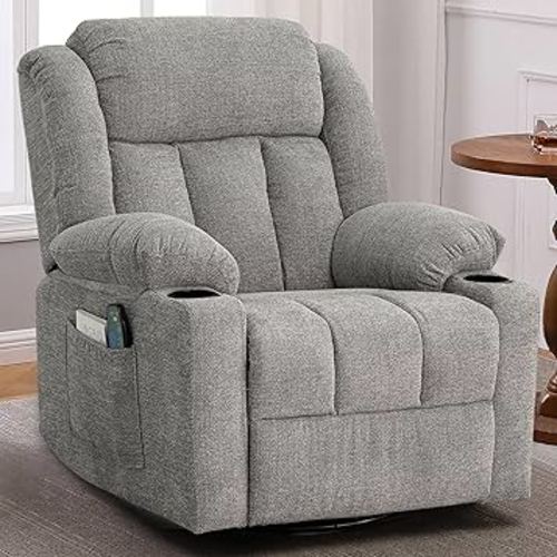 Rocker Swivel Recliner Chair for Adults, Overstuffed Large Manual Recliner Glider with Massage and Heat, Comfy Soft Fabric Living Room Reclining Sofa Chair (Lime Gray)