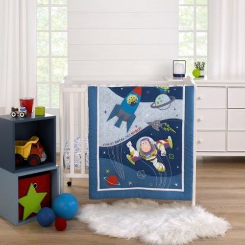 Disney Toy Story Outta This World Blue, Red, And Green 3 Piece Nursery Mini Crib Bedding Set - Comforter And Two Fitted Mini Crib Sheets