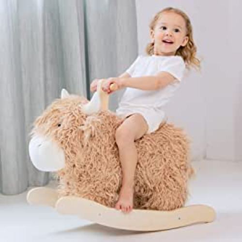 Baby Rocking Horse for 1 Year Old,Wooden Cow/Yak Horse Rocking with Wicker Plush Wooden Ride On Toy for 2 Years Old Girl&Boy Nursery Birthday Gift - Brown