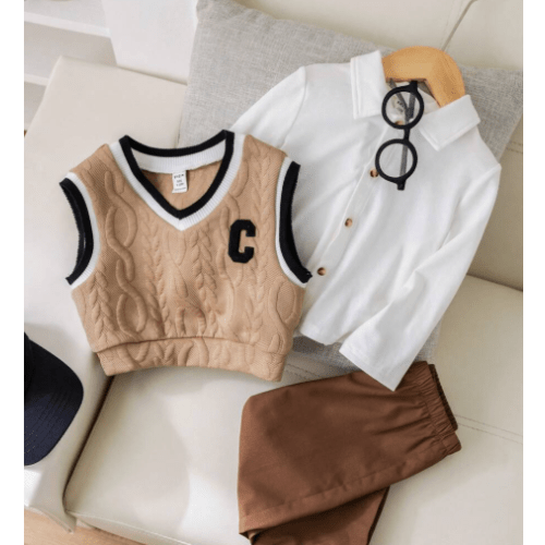 SHEIN 3pcs Baby Boy Back To School All-Match Outfit Set: Knitted Contrast Color Vest, Long Sleeve Shirt, Casual Khaki Pants | SHEIN USA