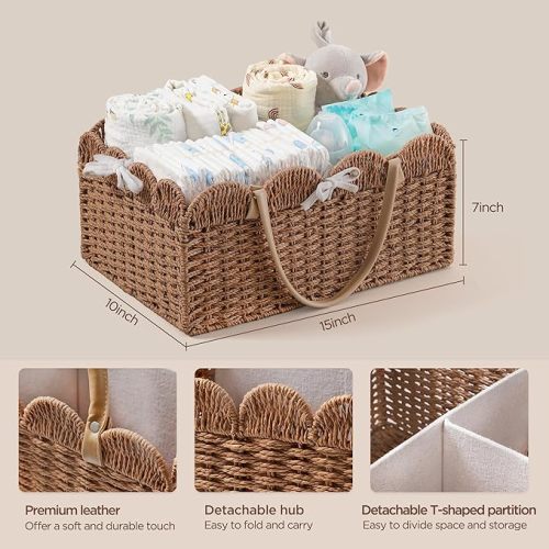 HBlife Large Baby Diaper Caddy, Paper Rope Storage Baskets Nursery Bin with Removable Divider, Portable Car Organizer for Diapers, Baby Shower Gifts, Newborn Essentials Must Haves